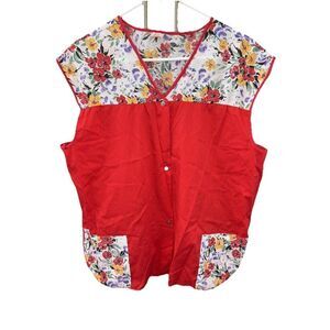 Vintage Apron Shirt 60's 70's Floral Fabric Smock Top Snap Front Pocket XXL